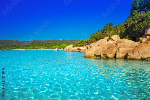 Santa Giulia beach with azure clear water  Corsica  France