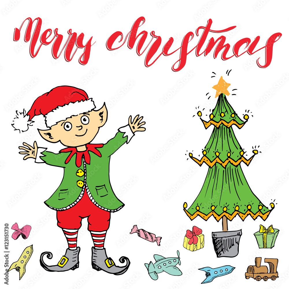 Naklejka premium Merry Chistmas lettering. Hand drawn vector illustration with elf.