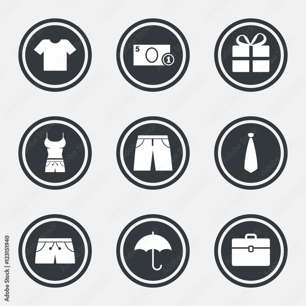 Clothing, accessories icons. Shopping signs.