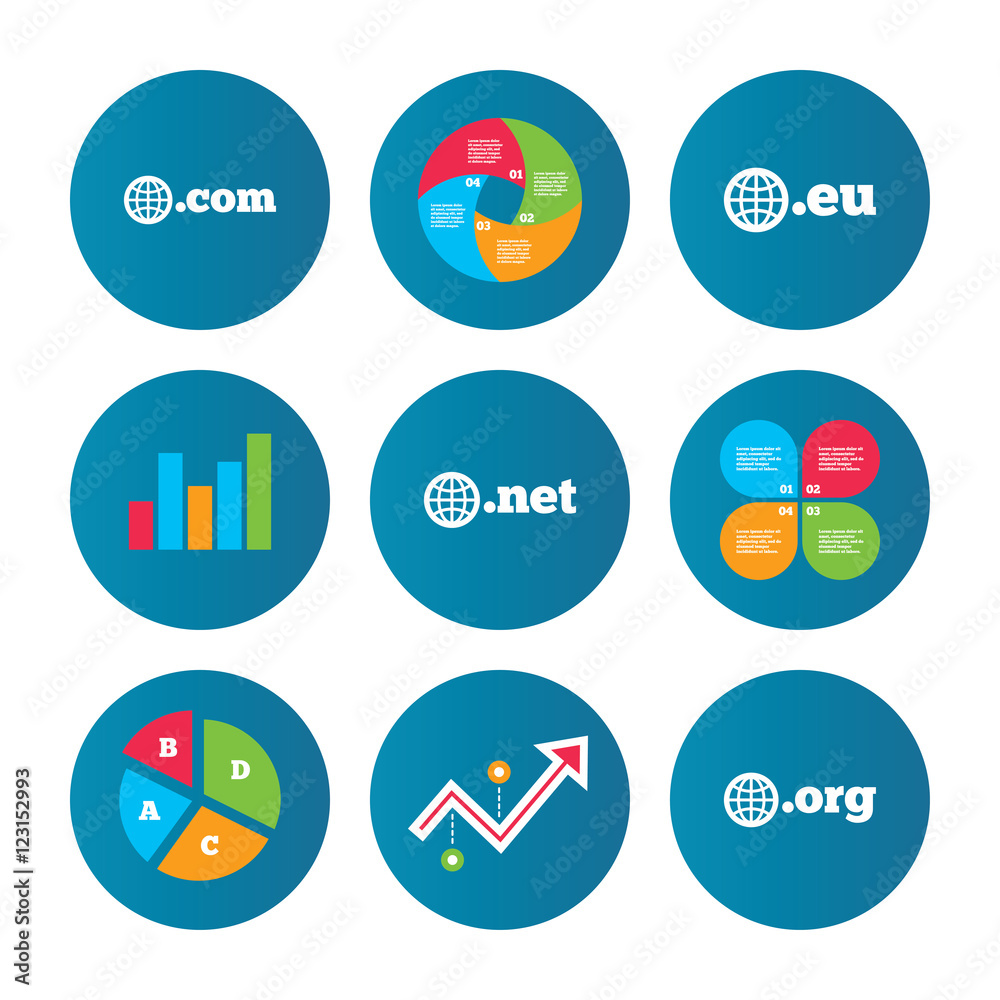 Top-level domains signs. Com, Eu, Net and Org. Top-level domains signs. Com, Eu, Net and Org.