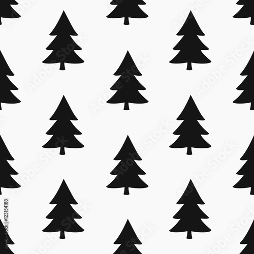 Seamless pattern with Christmas trees in black on white background.