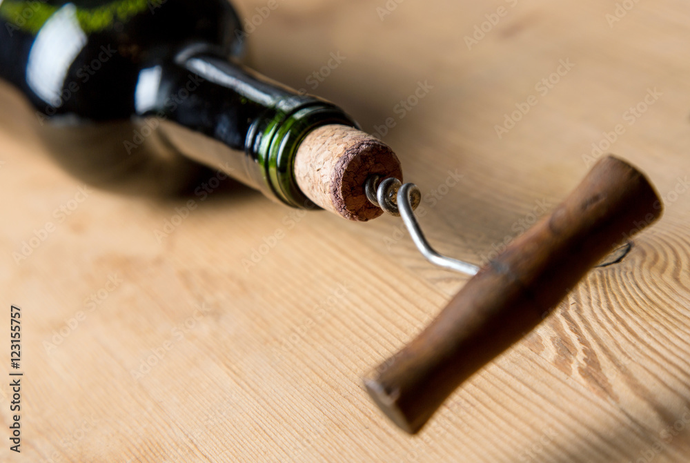 Corkscrew in a wine bottle cork