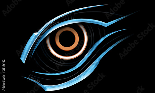 Blue bionic eye tattoo design with black background photo