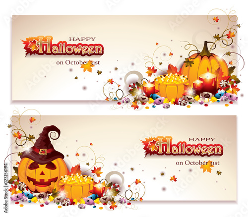 Halloween Banners with Jack O Lantern, Pumpkin Baskets, Autumn Leaves, Candles and lots of Different Sweet Candies