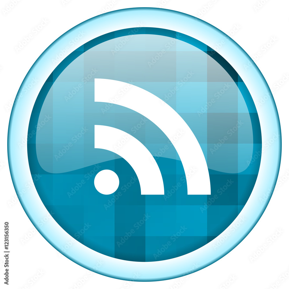 Blue round vector rss icon on white background with lightblue border and white symbol over glossy button structure Blue round vector rss icon on white background with lightblue border and white symbol over glossy button structure