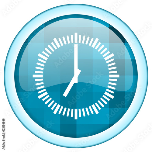 Blue round vector clock icon on white background with lightblue border and white symbol over glossy button structure