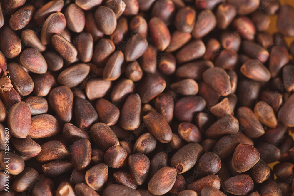 Pine nuts in shells of ciberian cedar as a background. Macro Pine nuts in shells of ciberian cedar as a background. Macro