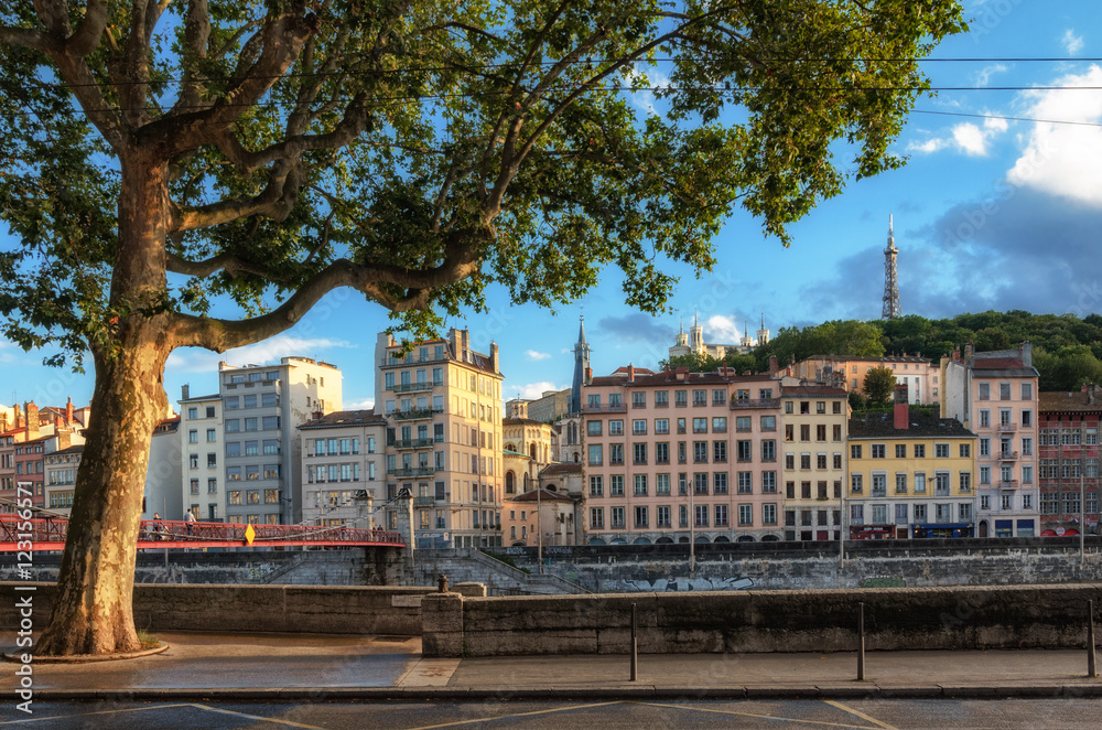 Lyon (France) scenic view on historic buildings at golden hour