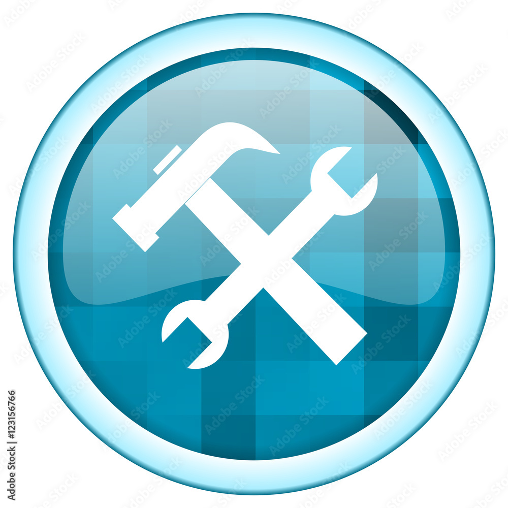 Blue circle vector tools icon. Round internet glossy service button. Web design graphic element. Blue circle vector tools icon. Round internet glossy service button. Web design graphic element.