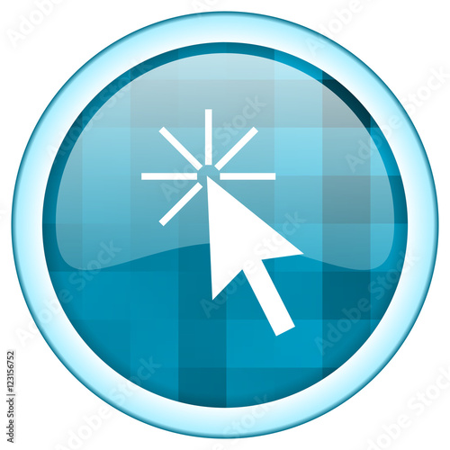 Blue circle vector click here icon. Round internet glossy arrow button. Web design graphic element. 