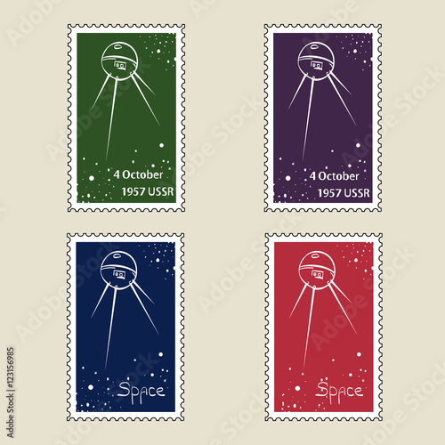 Retro cosmos stamps. Set of vector postage stamps. 4 october 195