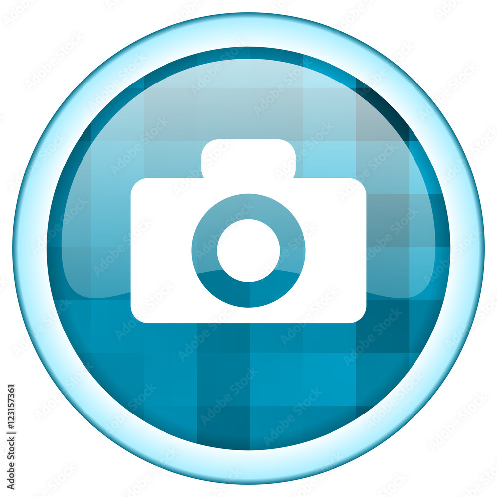Blue circle vector camera icon. Round internet glossy photography button. Webdesign graphic element. Blue circle vector camera icon. Round internet glossy photography button. Webdesign graphic element.