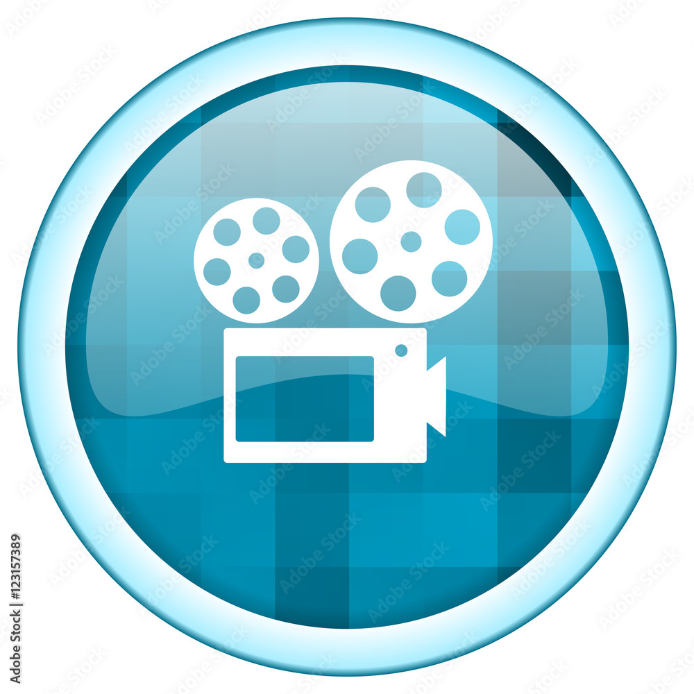 Blue circle vector cinema icon. Round internet glossy video button. Webdesign graphic element. Blue circle vector cinema icon. Round internet glossy video button. Webdesign graphic element.