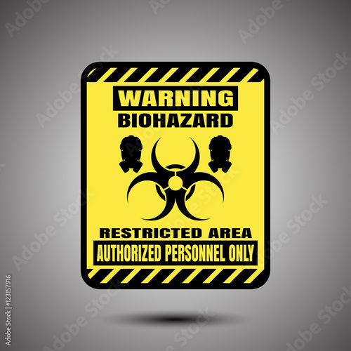 Biohazard - vector poster with square label on the gradient gray background.