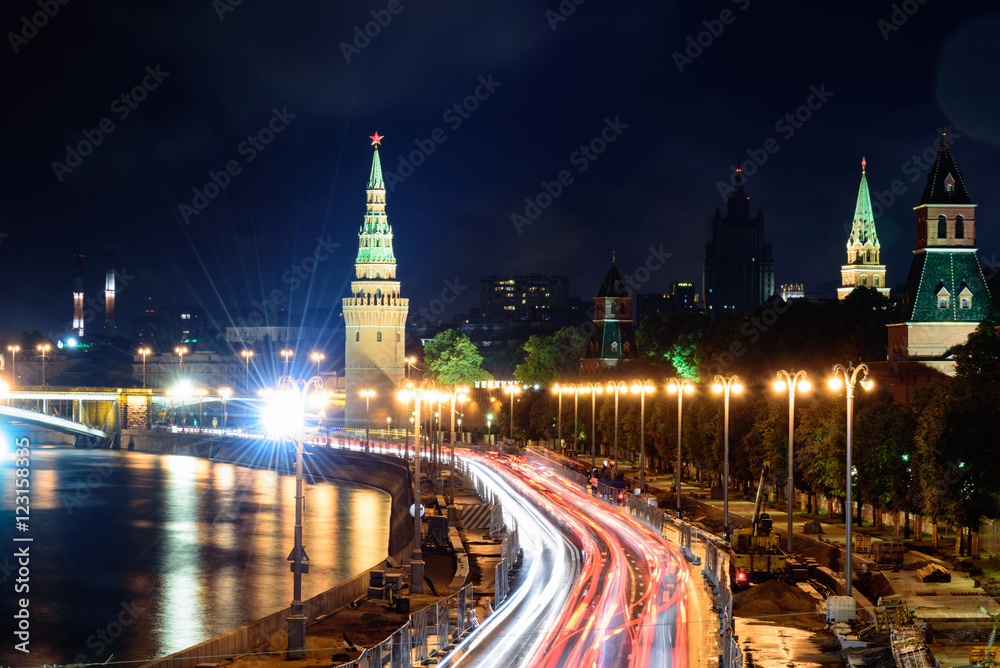Night view of Moscow with traffic lights and the red wall of Kre