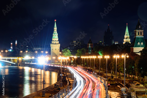 Night view of Moscow with traffic lights and the red wall of Kre