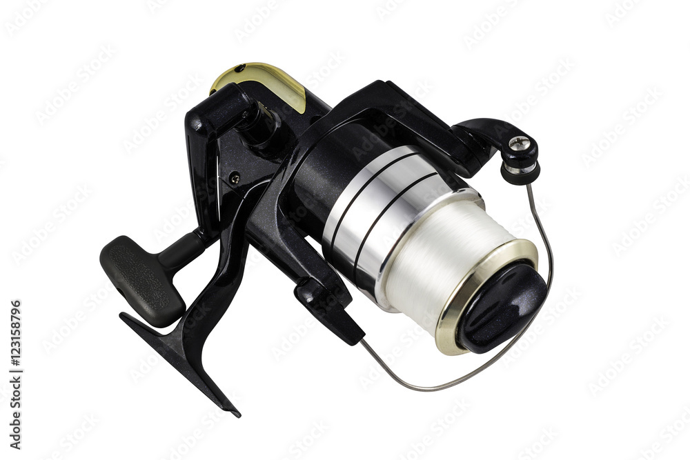 Black spinning reel on the white background Black spinning reel on the white background