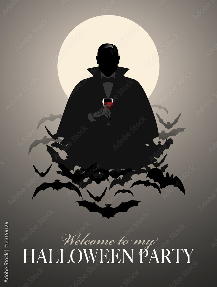 Fototapeta premium Elegant Vampire silhouette on a cloud of bats holding a glass of wine (or blood)