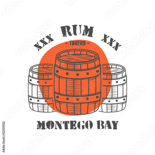 Vintage handcrafted poster template with old barrels and vector sign - rum, montego bay. Sketching filled style. Retro design for banner, flyer. Isolated on white background with red shape. Vector