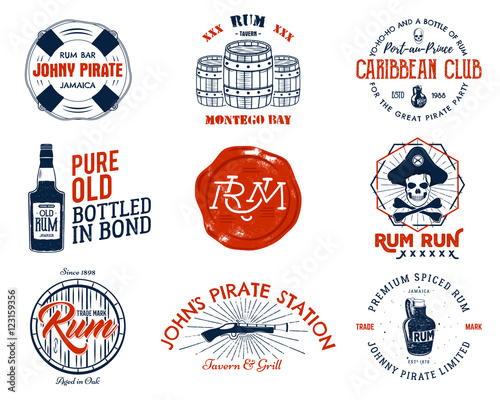 Set of vintage handcrafted emblems, labels, logos. Isolated on a white background. Sketching filled style. Pirate and sea symbols - old rum bottles, barrels, skull, pistol. Red color. Vector