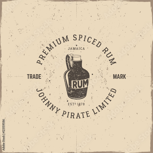 Vintage handcrafted pirate rum emblem, alcohol label, logo. Isolated on a scratched paper background. Sketching filled style. Pirate and sea symbols - old rum bottle. Good for tavern, cafe. Vector
