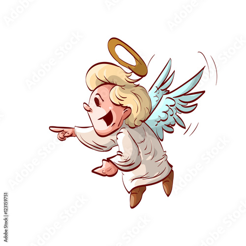 Colorful vector illustration of a cute cartoon angel laughing or making fun of something.