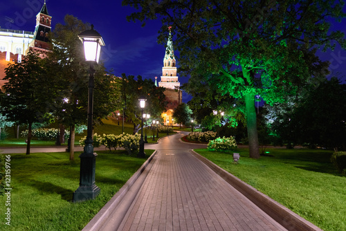 Night view of a path in Alexandrovsky Garden near the Kremlin in