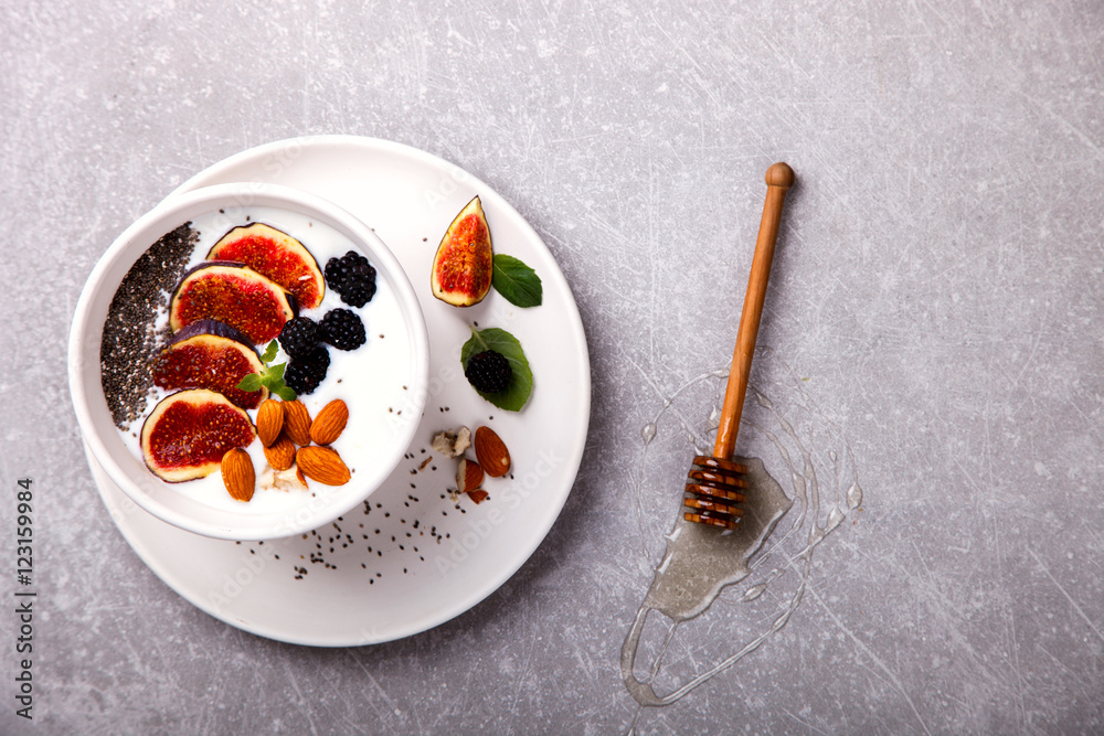 Homemade yoghurt, sour cream with fresh figs,fresh blackberries,Chia seeds and nuts almonds and mint.Healthy Breakfast.Food or Healthy diet concept. selective focus. Homemade yoghurt, sour cream with fresh figs,fresh blackberries,Chia seeds and nuts almonds and mint.Healthy Breakfast.Food or Healthy diet concept. selective focus.