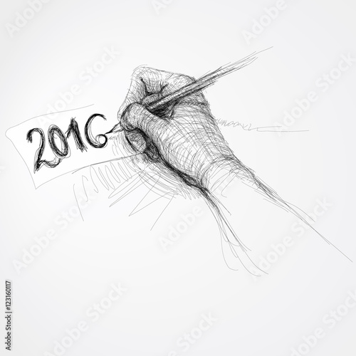 Hand writes number “2016” / Realistic sketch of Happy New Year Card 