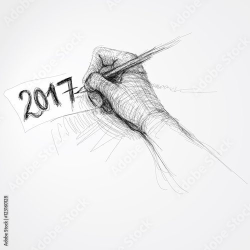 Hand writes number “2017” / Realistic sketch of Happy New Year Card 