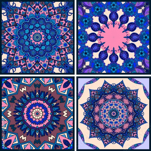 Vector set of beautiful pillowcase or bandana print. Oriental patterns. Flower mandala.