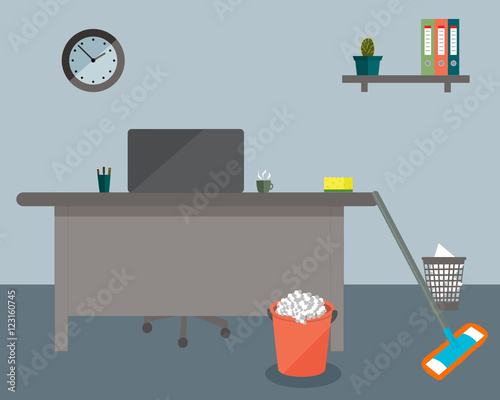 Cleaning in the office on a blue background. Vector illustration. Table, clock, chair, orange bucket, MOP and sponge. Ideal for advertising, design sites and magazines