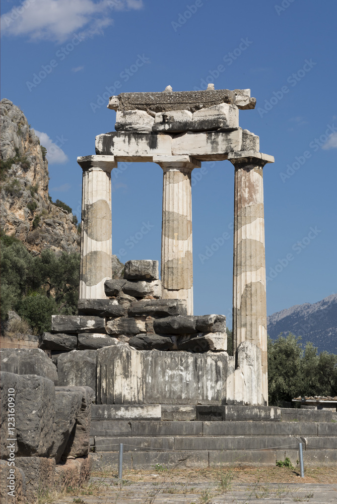 The archaeological site, the temple of Athena at Delphi, Greece