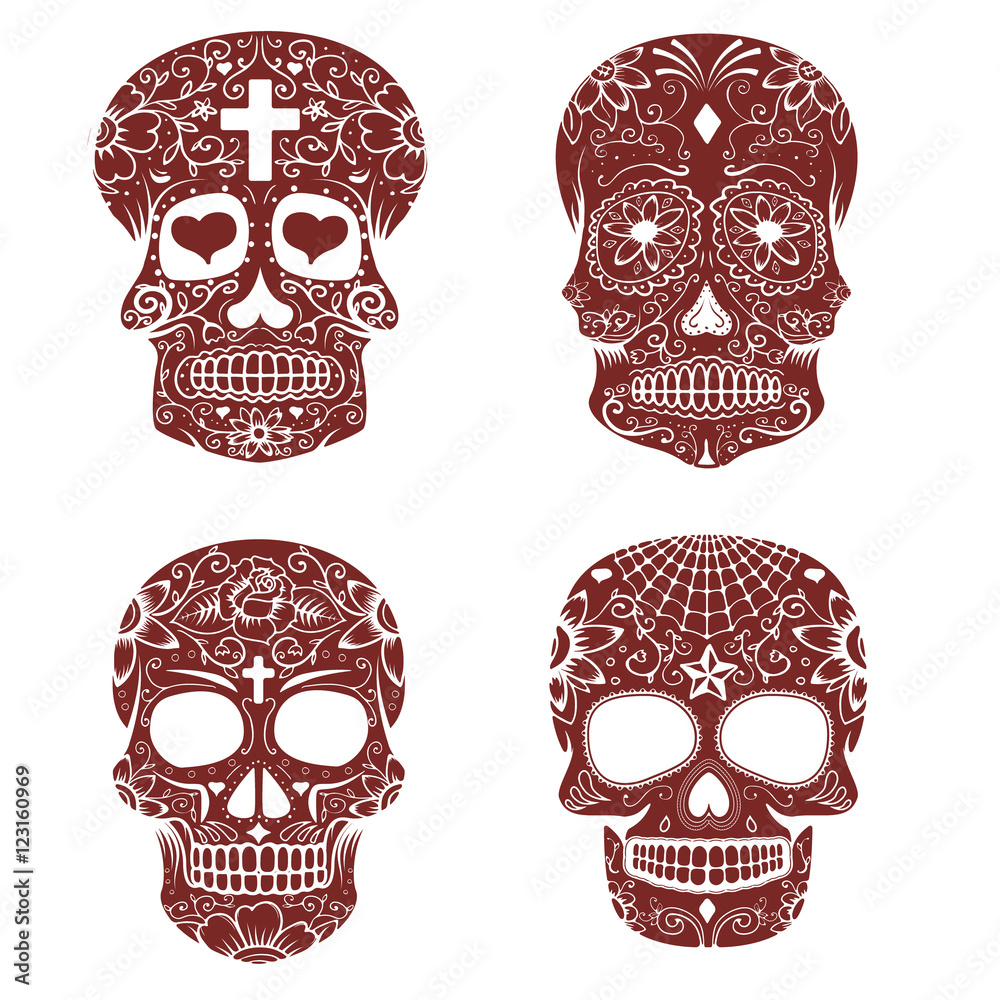 Set of sugar skulls isolated on white background. Day of the dea