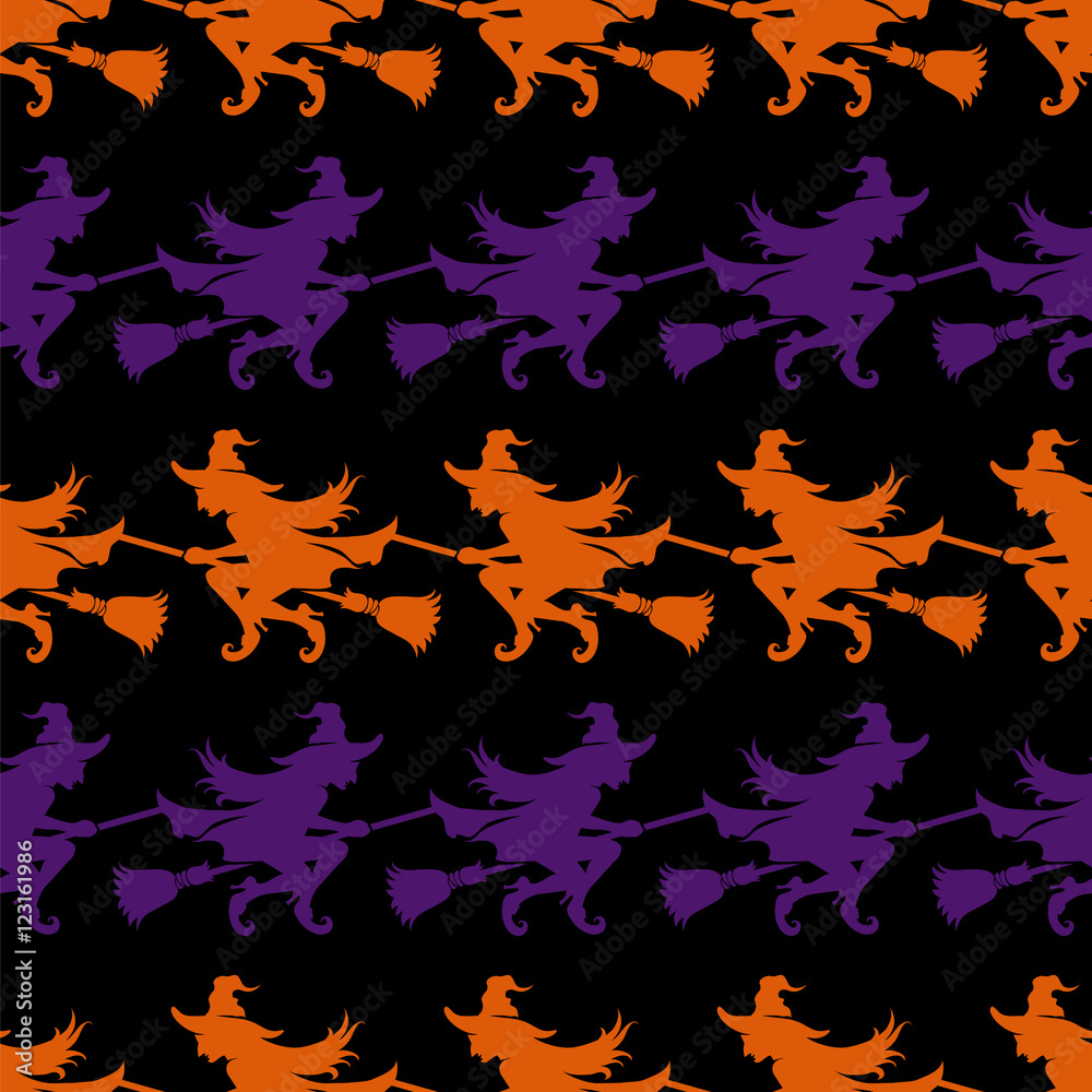 Halloween seamless pattern with witch on a broomstick on black background. Vector illustration