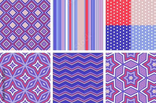 Variety of trendy seamless vector patterns in red, blue and white color scheme. Polka dot, zigzag, ornamental and stripped background.