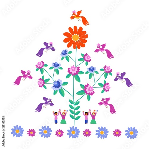 Festive template for embroidery. Flower - Sun, blooming tree, birds and cute cartoon people. Mexican motives. Beautiful vector background - 2.