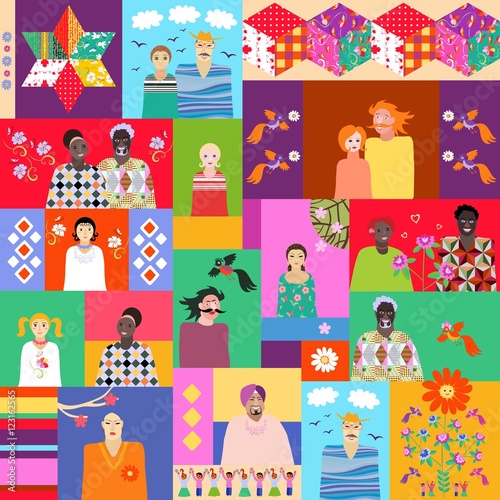 Multicolor quilt with cute cartoon people of different ages and races, flowers, birds and patchwork pattern. Can be used for wrapping, poster, card, invitation, placard, brochure, flyer, websites - 2.