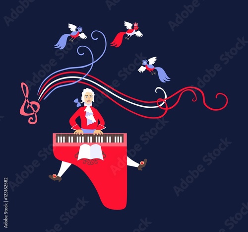 Mozart performed his music on the harpsichord. Cute cartoon vector illustration