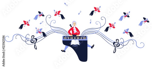 Mozart performed his music on the harpsichord. Cute cartoon vector illustration