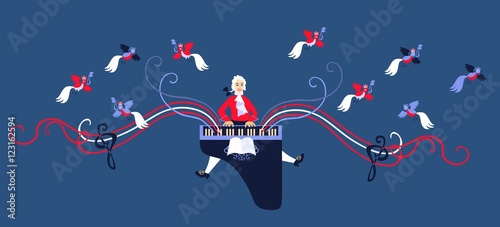 Mozart performed his music on the harpsichord. Cute cartoon vector illustration