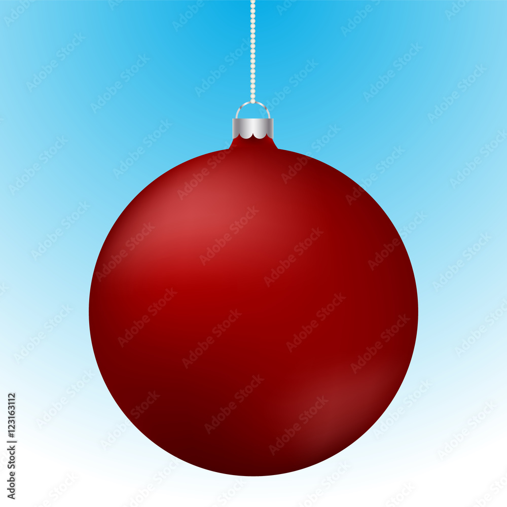 Realistic 3D red christmas ball decoration hanging on white chain. Rounded red ball decoration with reflections on blue to white gradient backdrop.