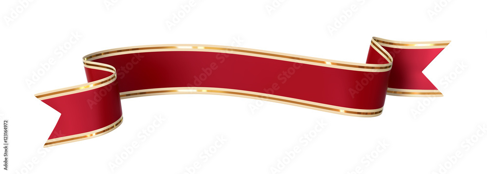Curled red ribbon banner with gold border - arc up and down with wavy ends - front and back Curled red ribbon banner with gold border - arc up and down with wavy ends - front and back