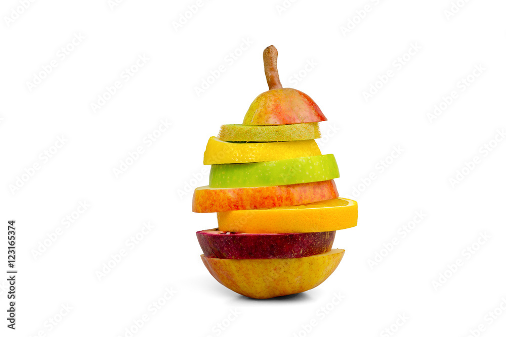 Slices of different fruits stacked in shape of a pear Slices of different fruits stacked in shape of a pear
