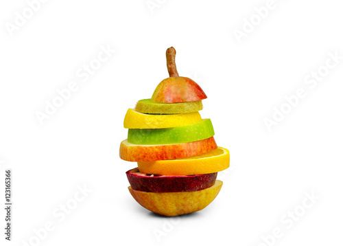 Slices of different fruits stacked in shape of a pear