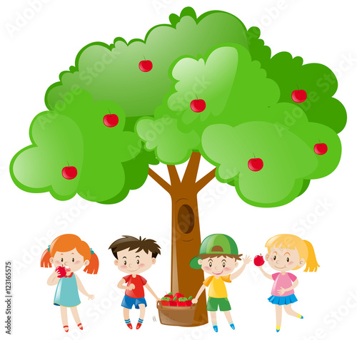 Children picking out apples on the tree