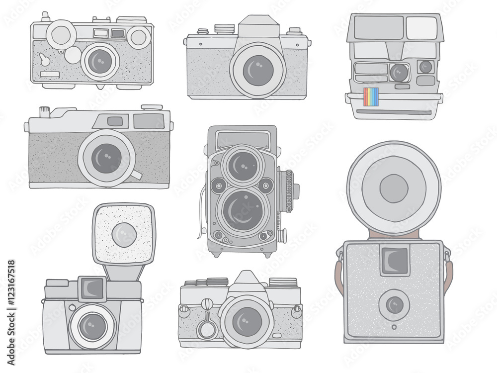 Retro camera set. Hand drawn vintage photocameras set in simple style