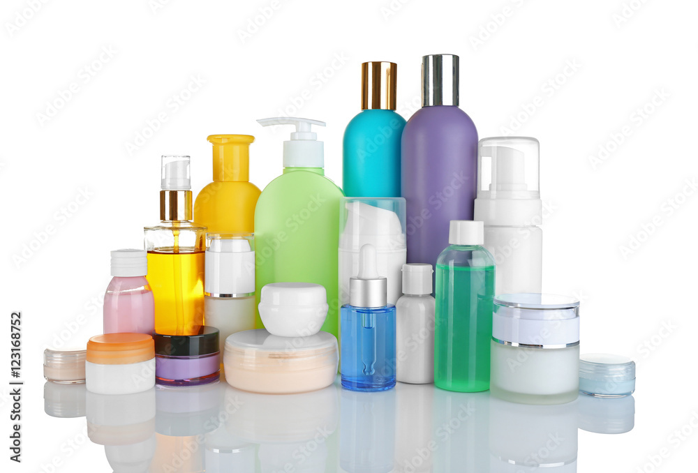 Different cosmetic bottles isolated on white Different cosmetic bottles isolated on white