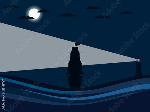 Contour of the ship on the waves. Sailboat back view, floating away ship. Light lighthouse in the sea. Columbus Day. Vector illustration.