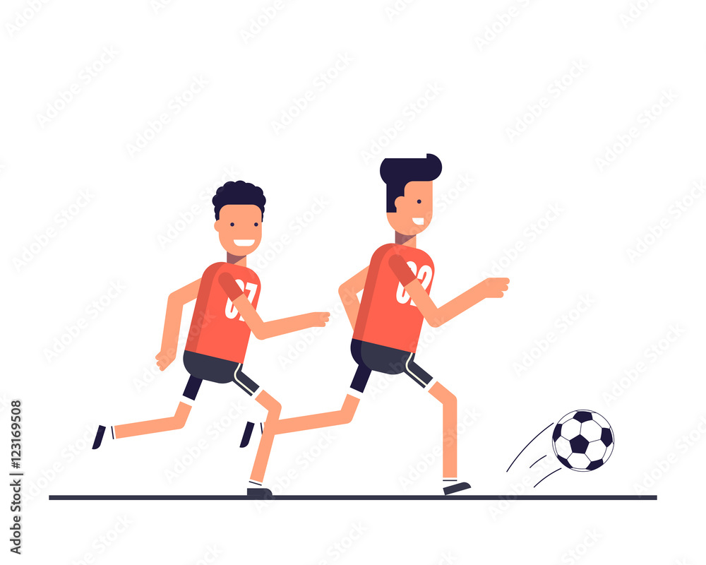 Two football players running after the ball. Team play. Training or playing sports. The competition on the game of football. Happy athletes. Vector illustration in a flat style.